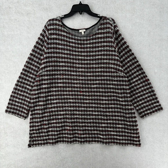 Talbots Tweed Plaid Top Womens 3X Cotton Blend Black Red Long‎ Sleeve Blouse - Picture 1 of 15